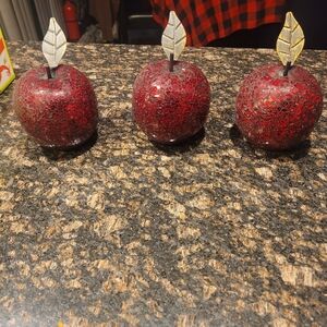 Set of Three Glittery Red Apples with Metallic Leaves